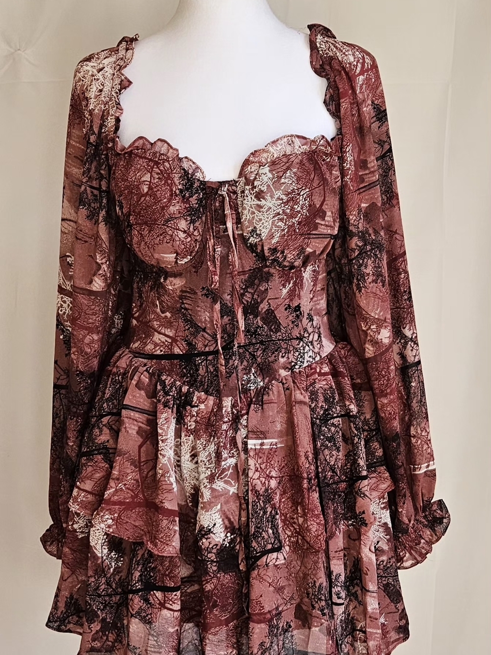 Cottagecore Forest Print Skort Romper Dress Long Sleeve Brown Size S/M NWT - Picture 7 of 14